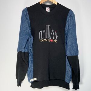 Vintage Upcycled New York Denim Floral Crew Neck Colorblock Patchwork Sweatshirt
